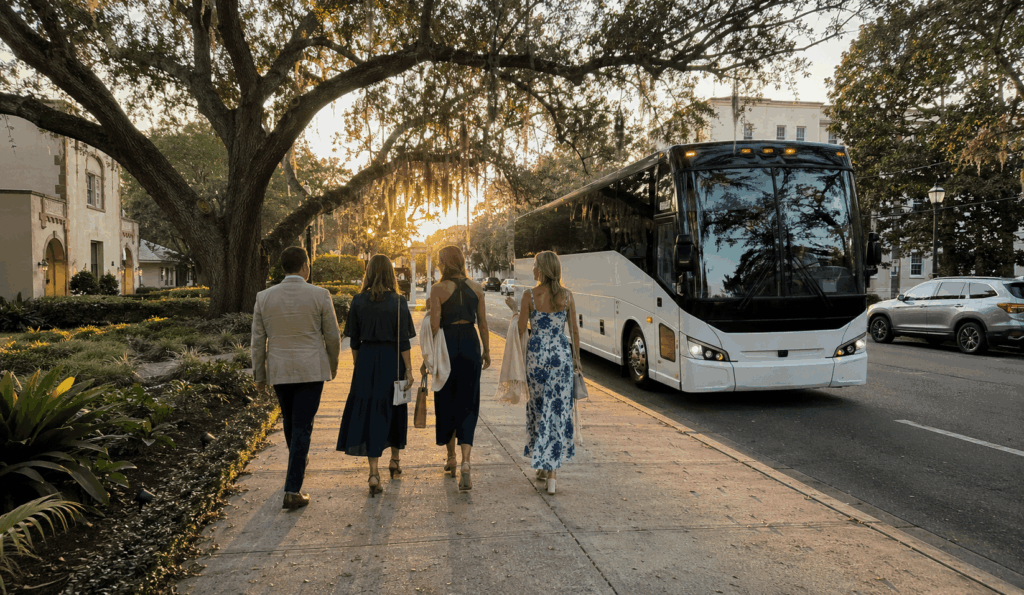 charter bus dropping off wedding guests near the cummer museum entrance in jacksonville