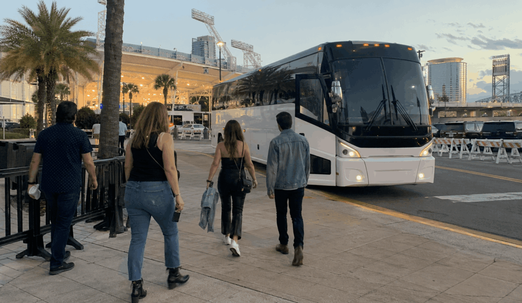 charter bus dropping off concertgoers near daily’s place amphitheater in downtown jacksonville
