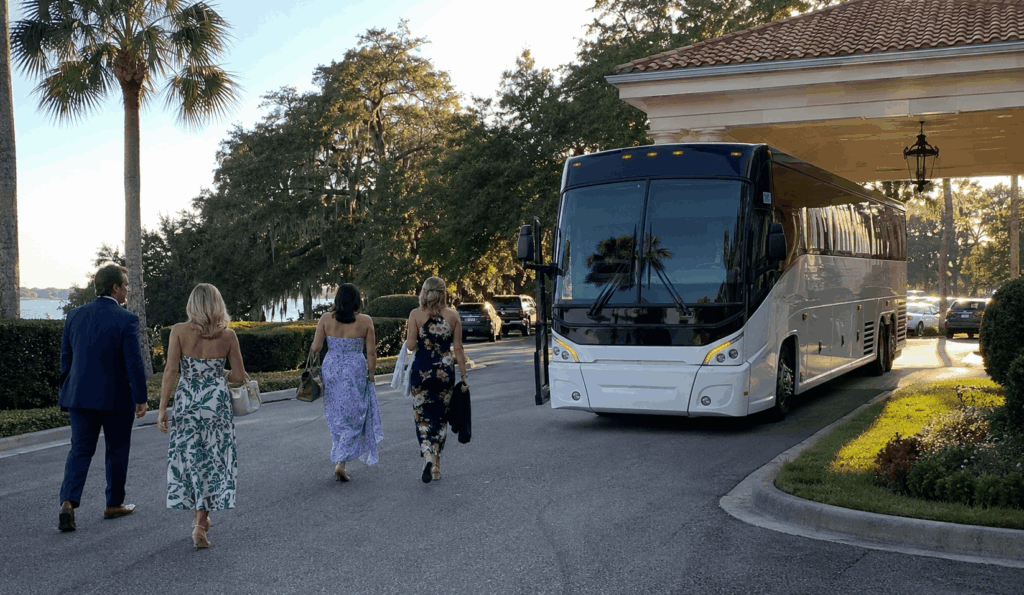 charter bus dropping off wedding guests near epping forest yacht & country club in jacksonville