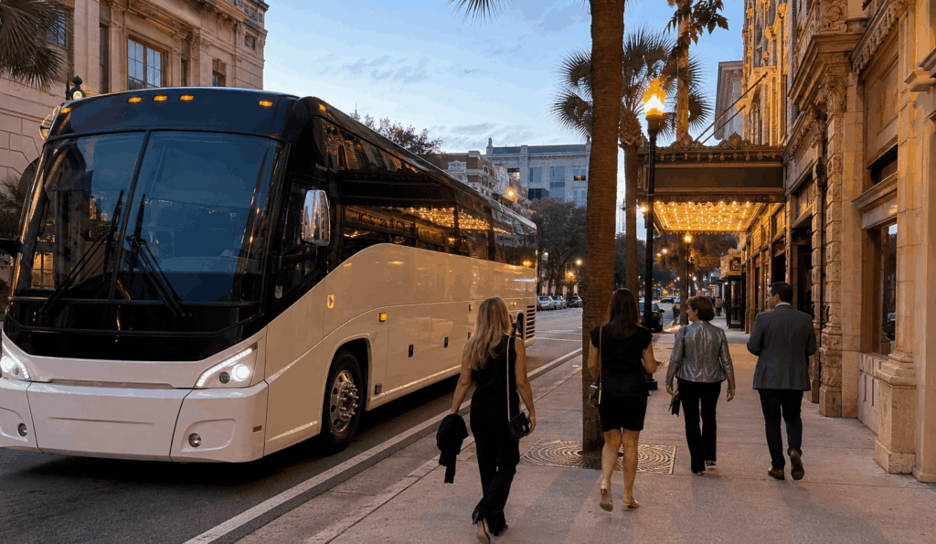 charter bus dropping off concertgoers near florida theatre in downtown jacksonville