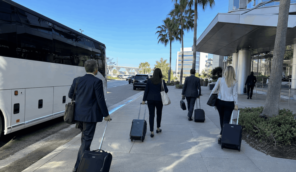 charter bus dropping off conference attendees near hyatt regency jacksonville riverfront in downtown jacksonville