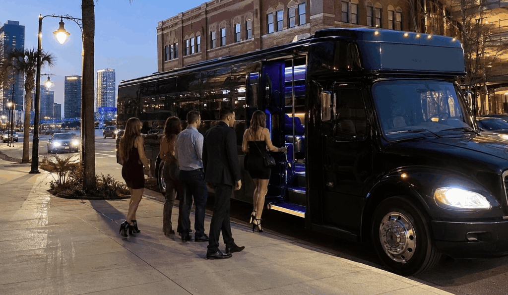party bus waiting near downtown jacksonville for a birthday group heading to dinner and nightlife