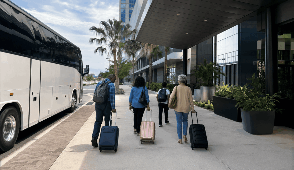 multi-generation family arriving at a jacksonville hotel by charter bus for a weekend family reunion