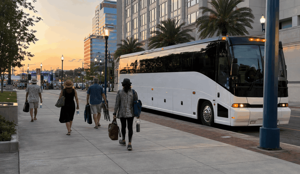 charter bus dropping off festival attendees near downtown jacksonville for the jacksonville jazz festival