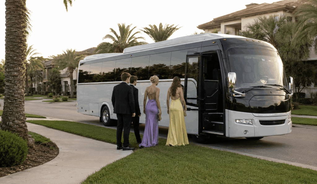 students arriving by party bus at a jacksonville prom venue during early evening