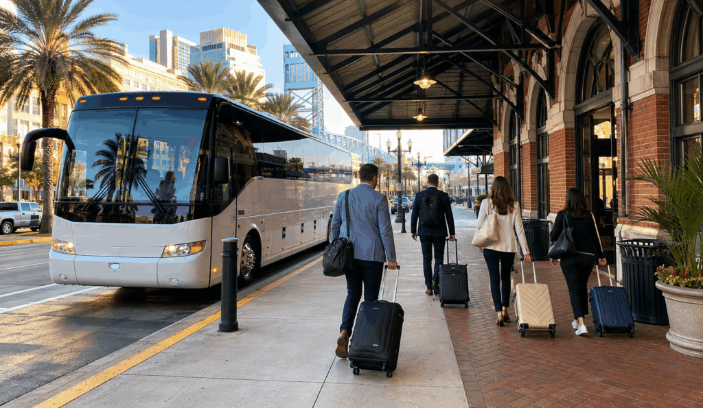 convention attendees boarding a shuttle at jacksonville international airport for prime osborn convention center