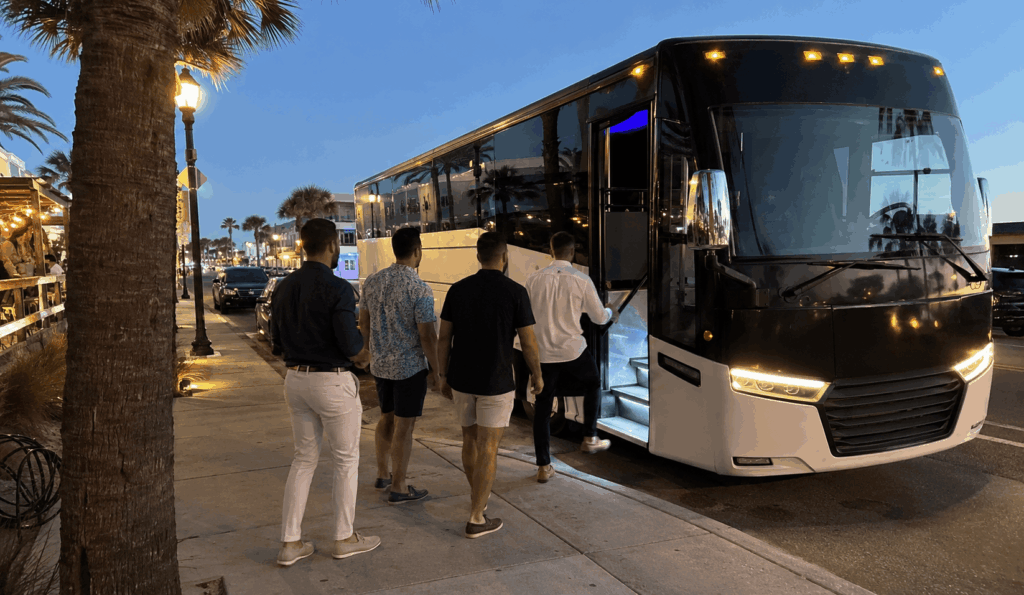 party bus picking up a bachelor party group near jacksonville beach nightlife