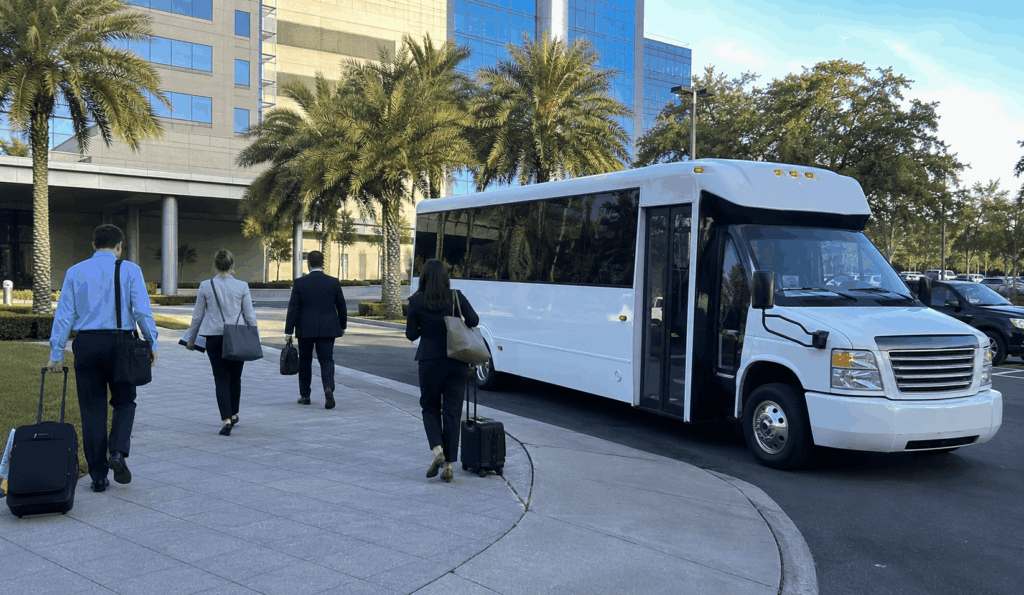 charter bus dropping off medical conference attendees near the mayo clinic jacksonville campus