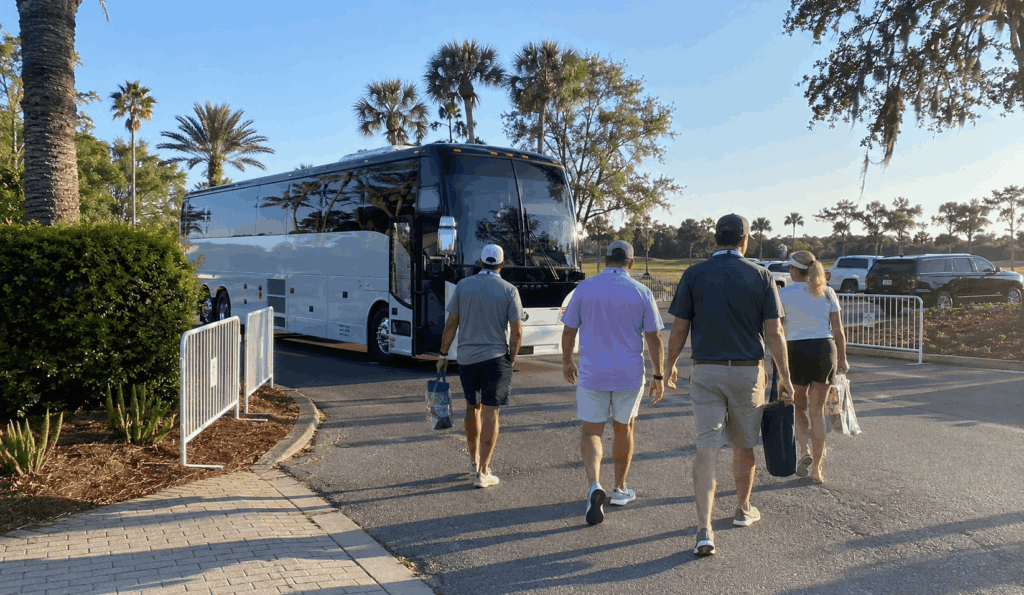 charter bus dropping off golf fans near tpc sawgrass during the players championship in ponte vedra beach