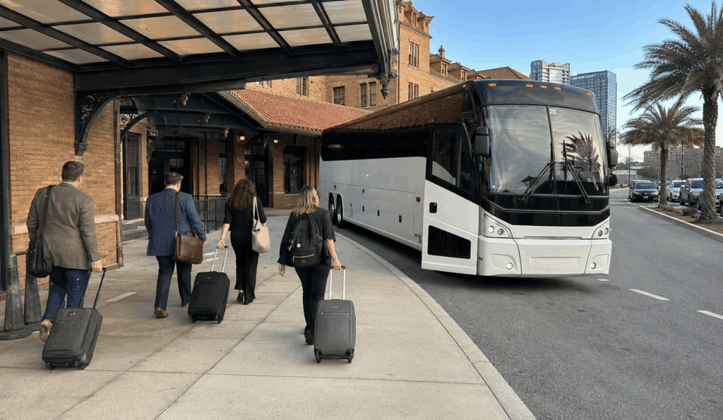 charter bus dropping off convention attendees near prime f. osborn iii convention center in downtown jacksonville